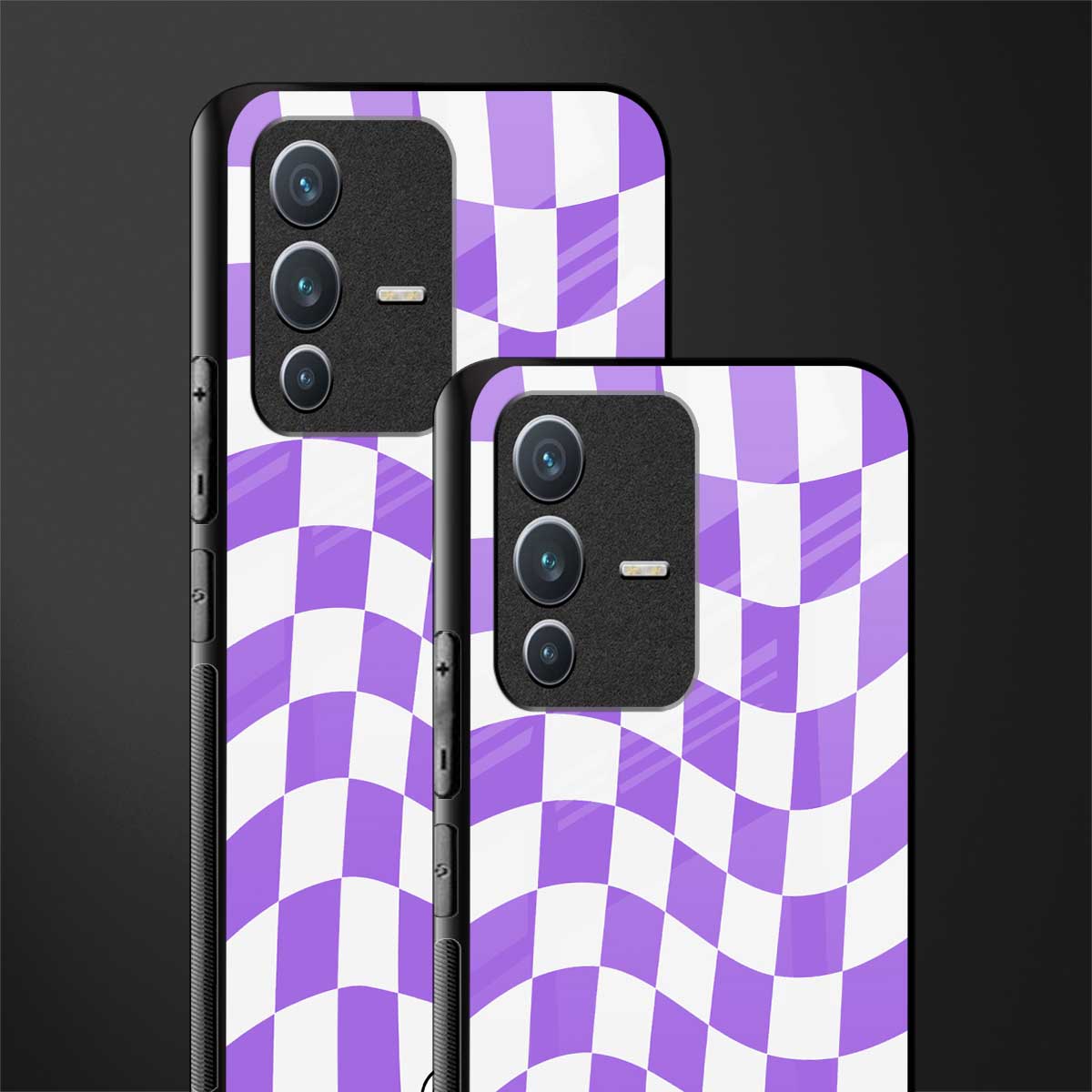purple white trippy check pattern glass case for vivo v23 5g image-2