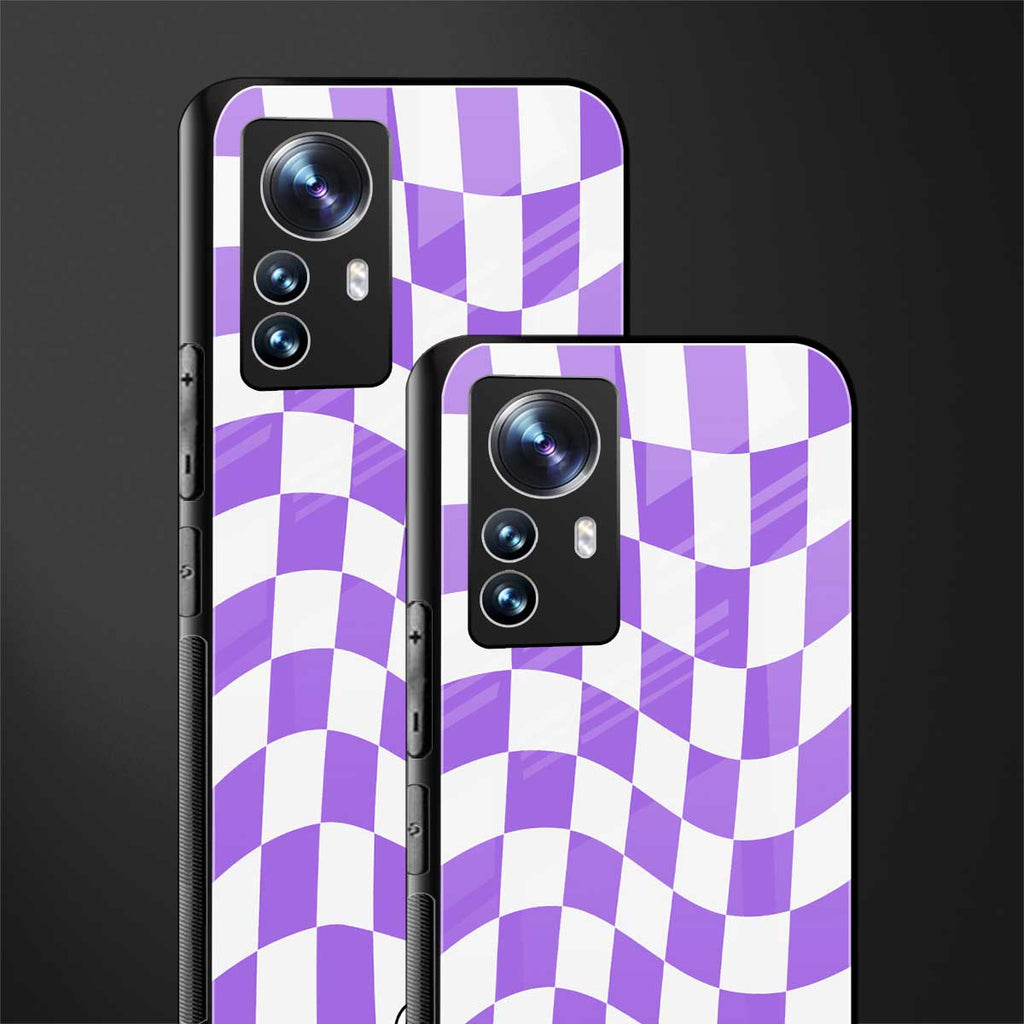 purple white trippy check pattern back phone cover | glass case for xiaomi 12 pro