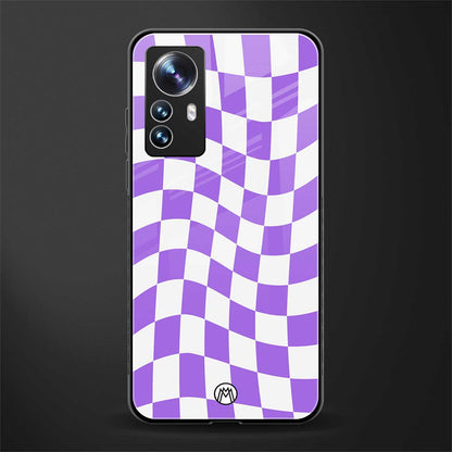 purple white trippy check pattern back phone cover | glass case for xiaomi 12 pro