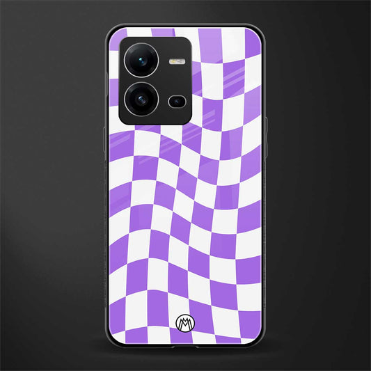 purple white trippy check pattern back phone cover | glass case for vivo v25-5g