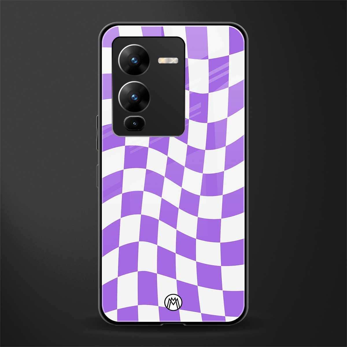 purple white trippy check pattern back phone cover | glass case for vivo v25 pro 5g