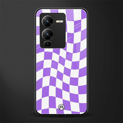 purple white trippy check pattern back phone cover | glass case for vivo v25 pro 5g