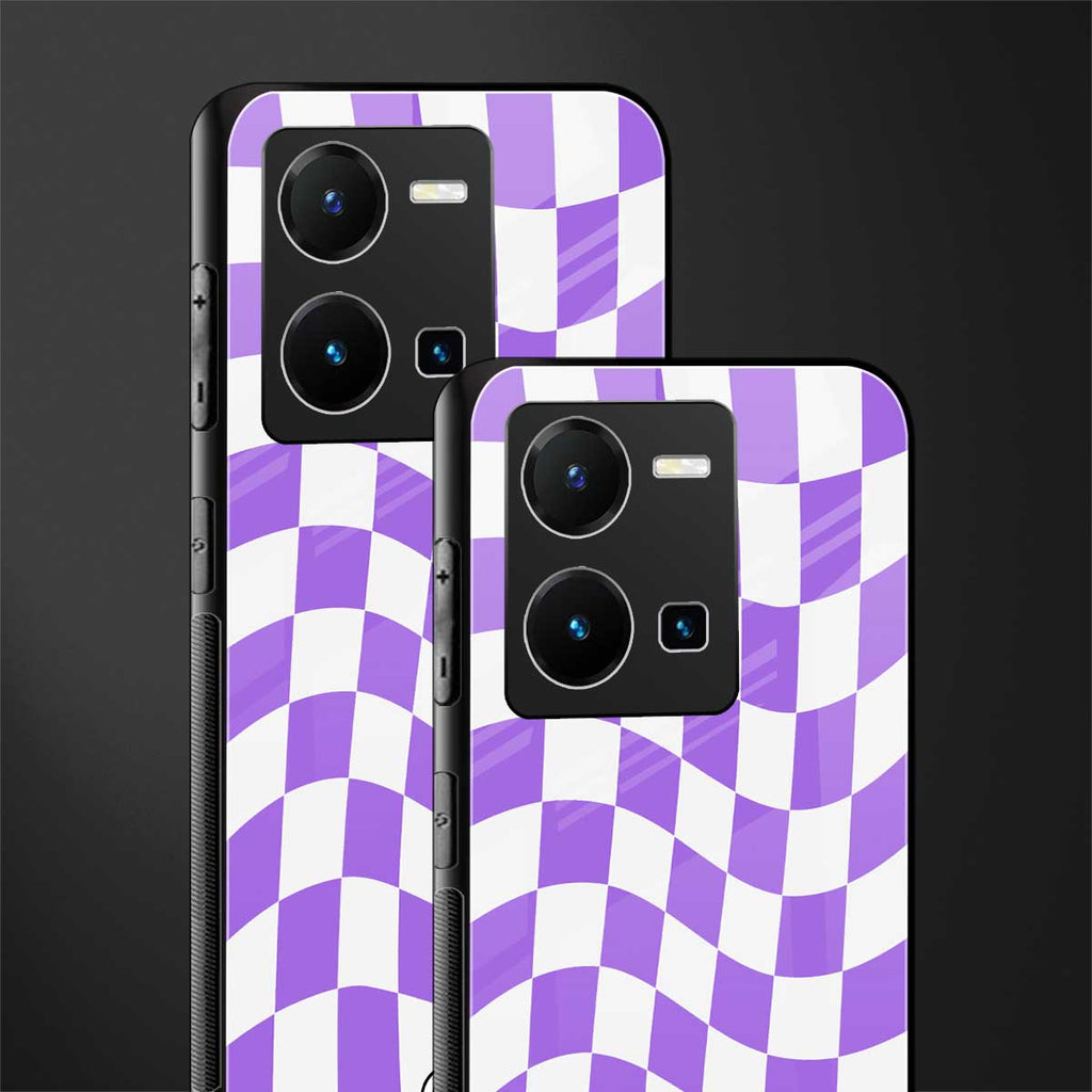 purple white trippy check pattern back phone cover | glass case for vivo y35 4g
