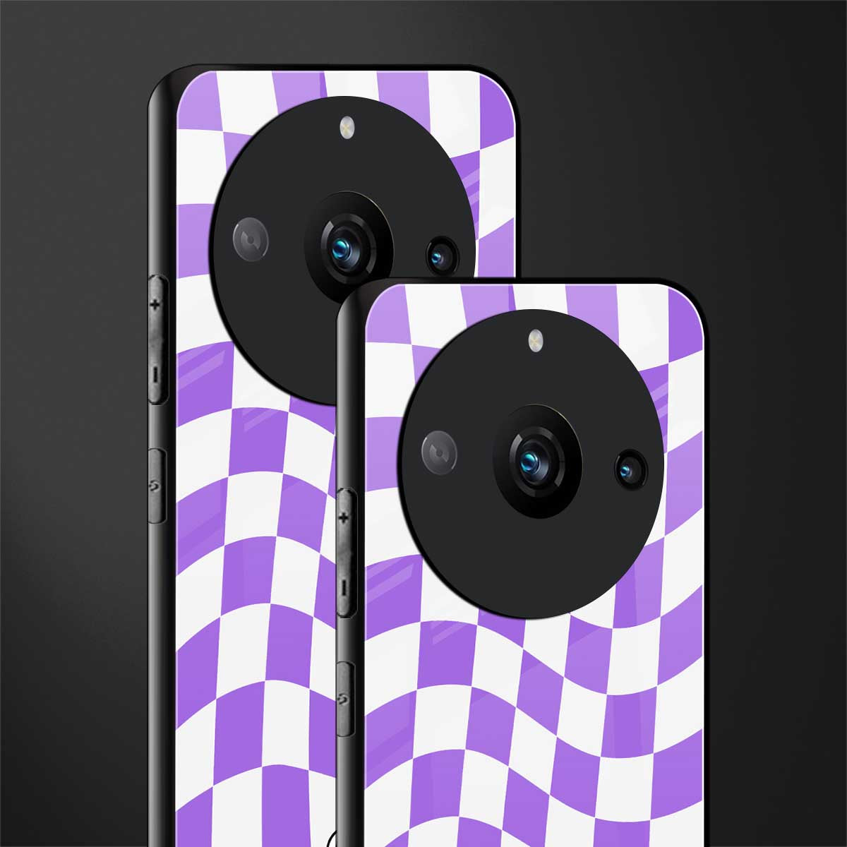 purple white trippy check pattern back phone cover | glass case for realme 11 pro 5g
