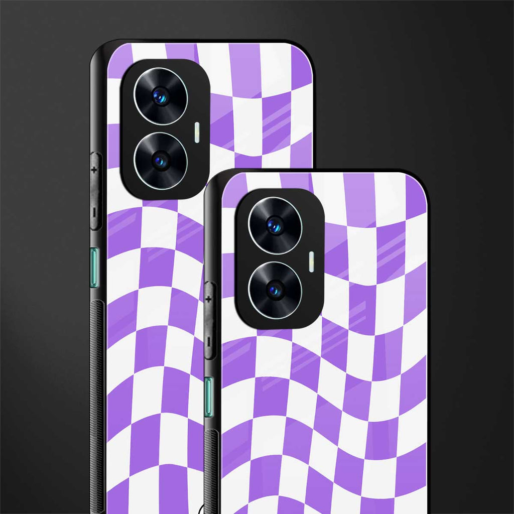 purple white trippy check pattern back phone cover | glass case for realme c55