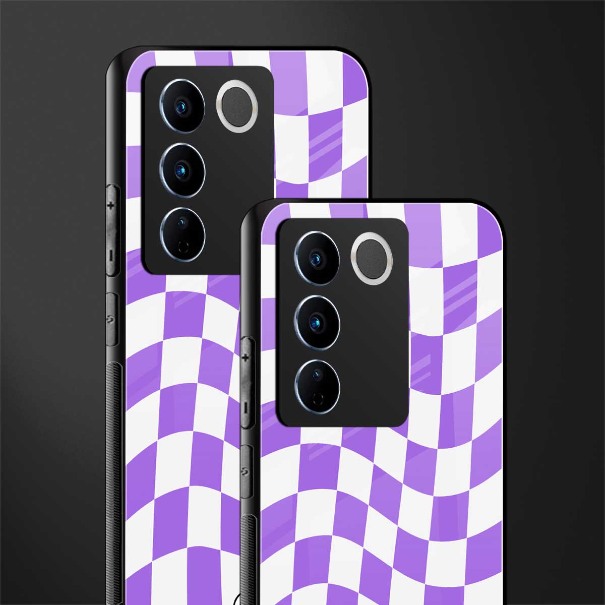 purple white trippy check pattern back phone cover | glass case for vivo v27 pro 5g