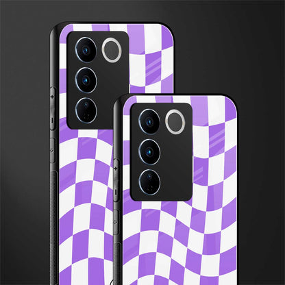purple white trippy check pattern back phone cover | glass case for vivo v27 pro 5g