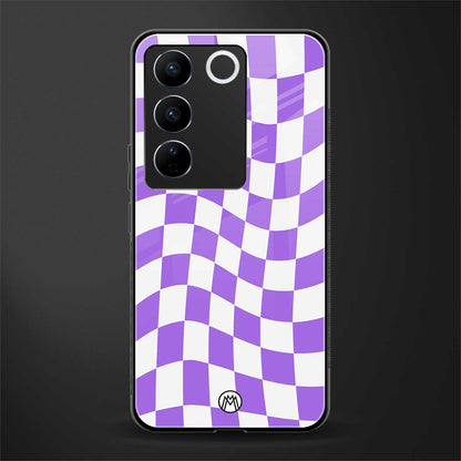 purple white trippy check pattern back phone cover | glass case for vivo v27 pro 5g