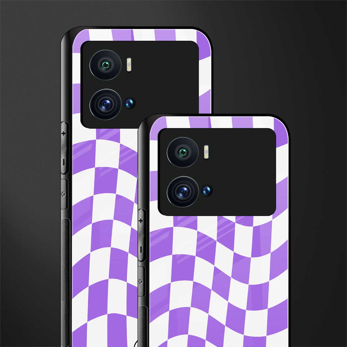 purple white trippy check pattern back phone cover | glass case for iQOO 9 Pro