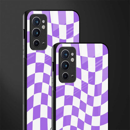 purple white trippy check pattern glass case for oneplus 9rt image-2