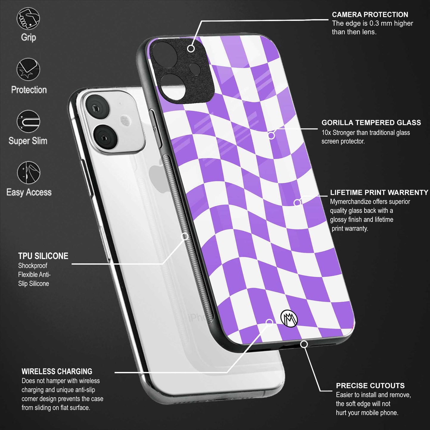 purple white trippy check pattern back phone cover | glass case for redmi note 11 pro plus 4g/5g