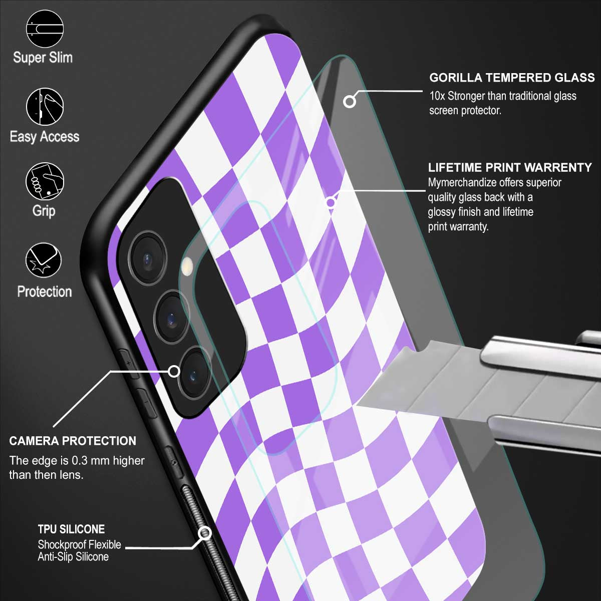 purple white trippy check pattern back phone cover | glass case for samsung galaxy s23 fe 5g