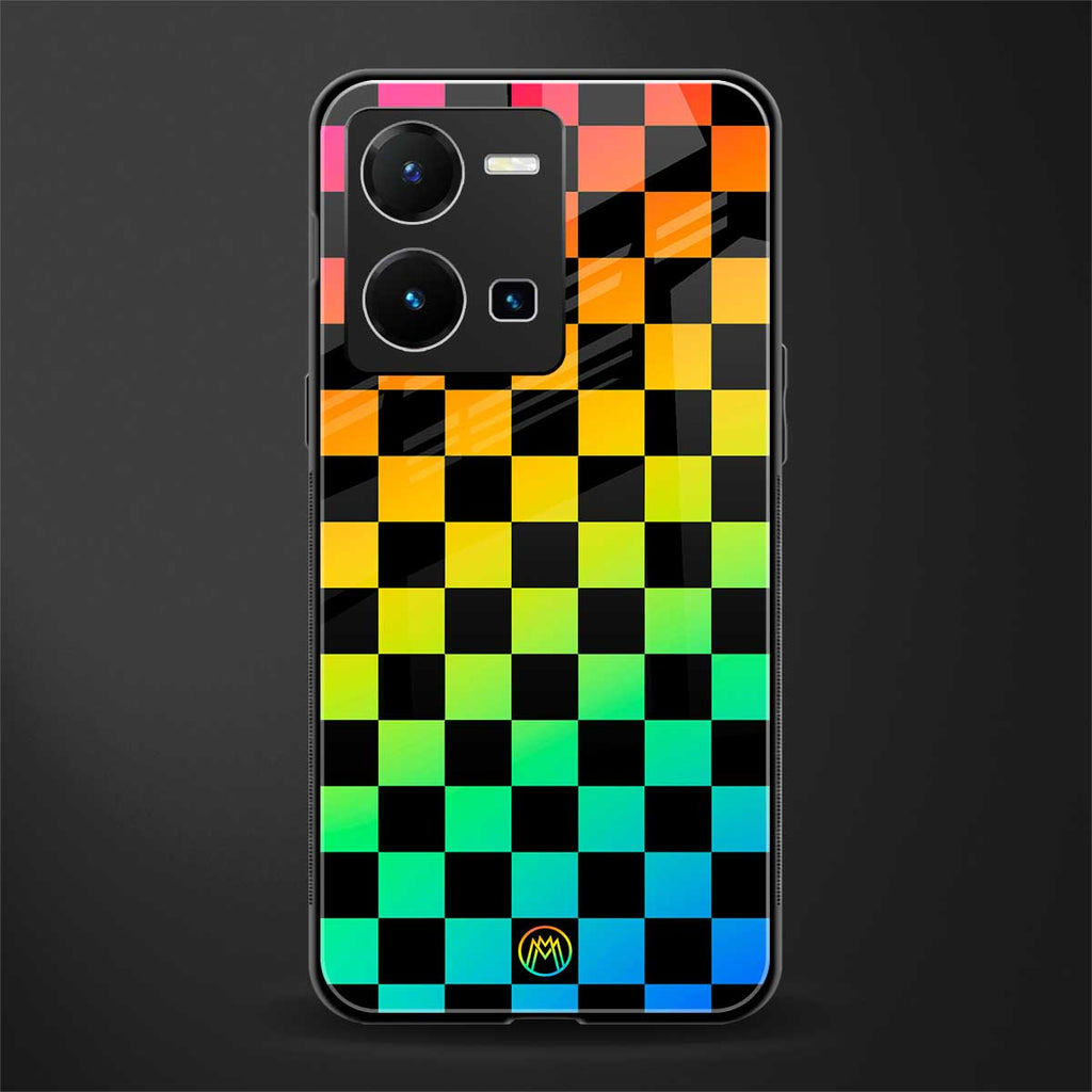 rainbow check pattern back phone cover | glass case for vivo y35 4g