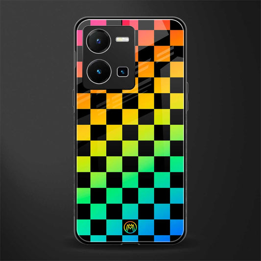 rainbow check pattern back phone cover | glass case for vivo y35 4g