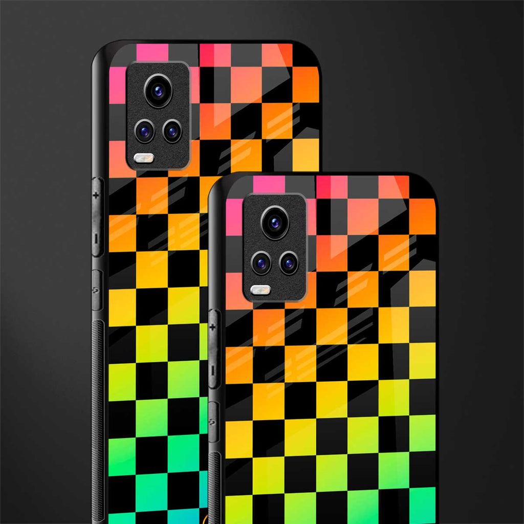 rainbow check pattern back phone cover | glass case for vivo v21e 4g