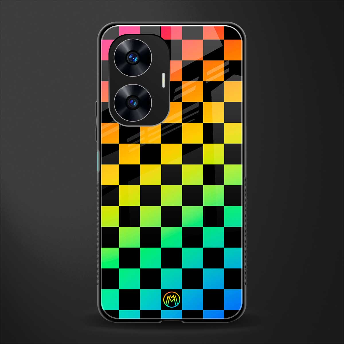 rainbow check pattern back phone cover | glass case for realme c55