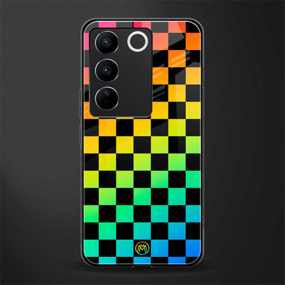 rainbow check pattern back phone cover | glass case for vivo v27 pro 5g