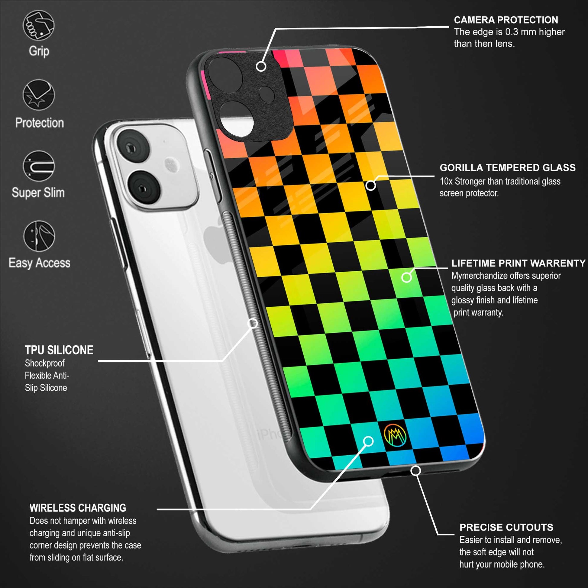 rainbow check pattern back phone cover | glass case for redmi note 11 pro plus 4g/5g