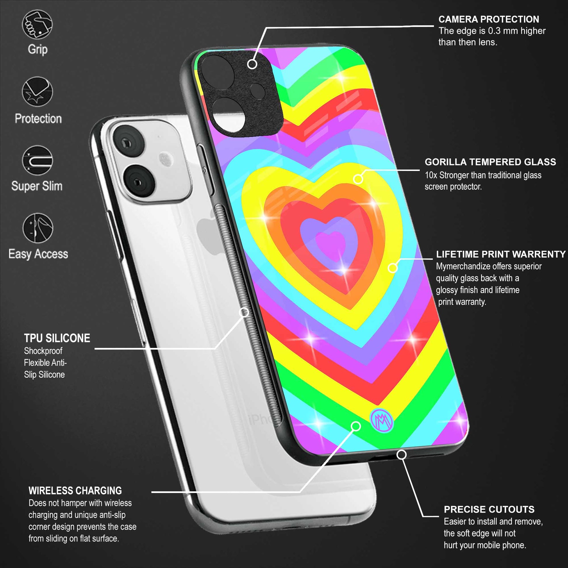 rainbow y2k hearts aesthetic back phone cover | glass case for vivo t1 44w 4g