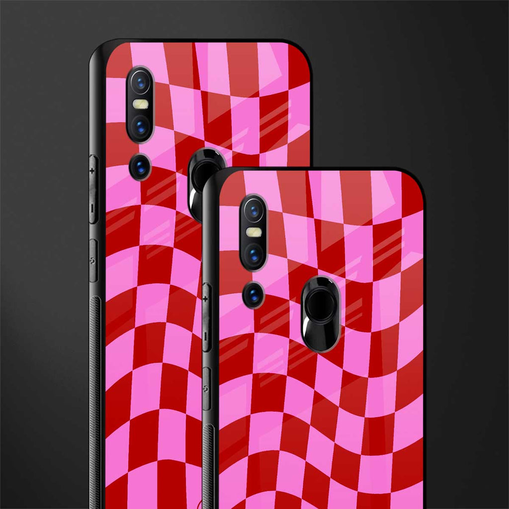 red pink trippy check pattern glass case for vivo v15 image-2