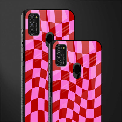 red pink trippy check pattern glass case for samsung galaxy m21 image-2