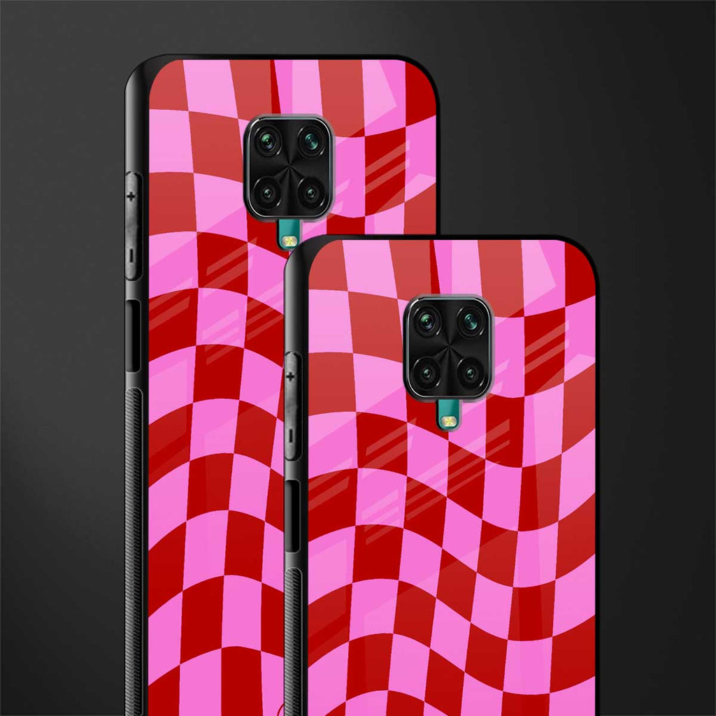 red pink trippy check pattern glass case for redmi note 9 pro image-2