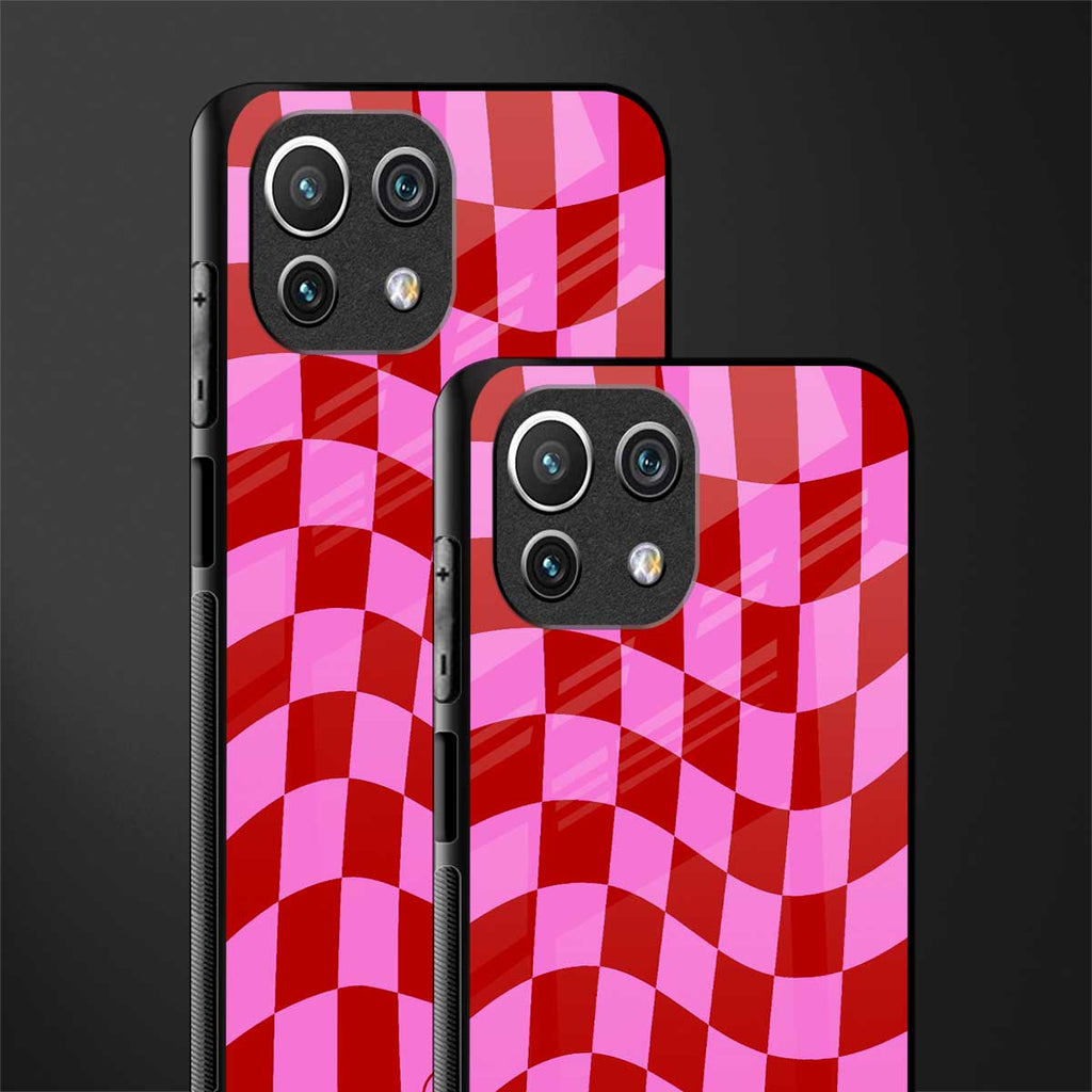 red pink trippy check pattern glass case for mi 11 lite image-2