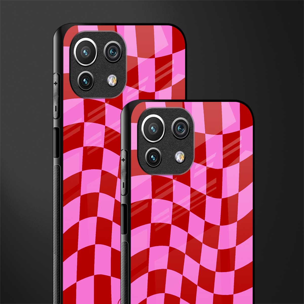 red pink trippy check pattern glass case for mi 11 lite image-2