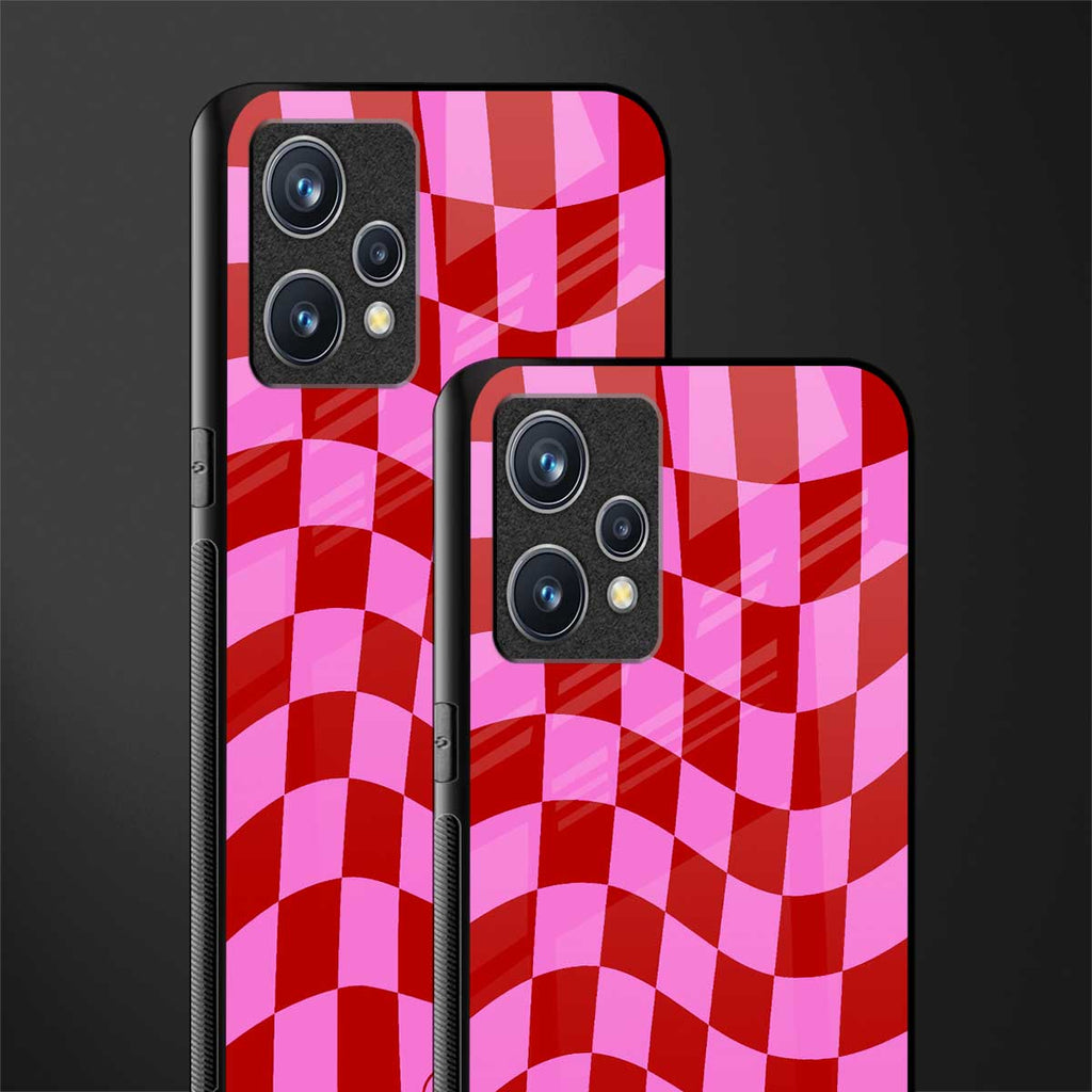red pink trippy check pattern glass case for realme 9 4g image-2