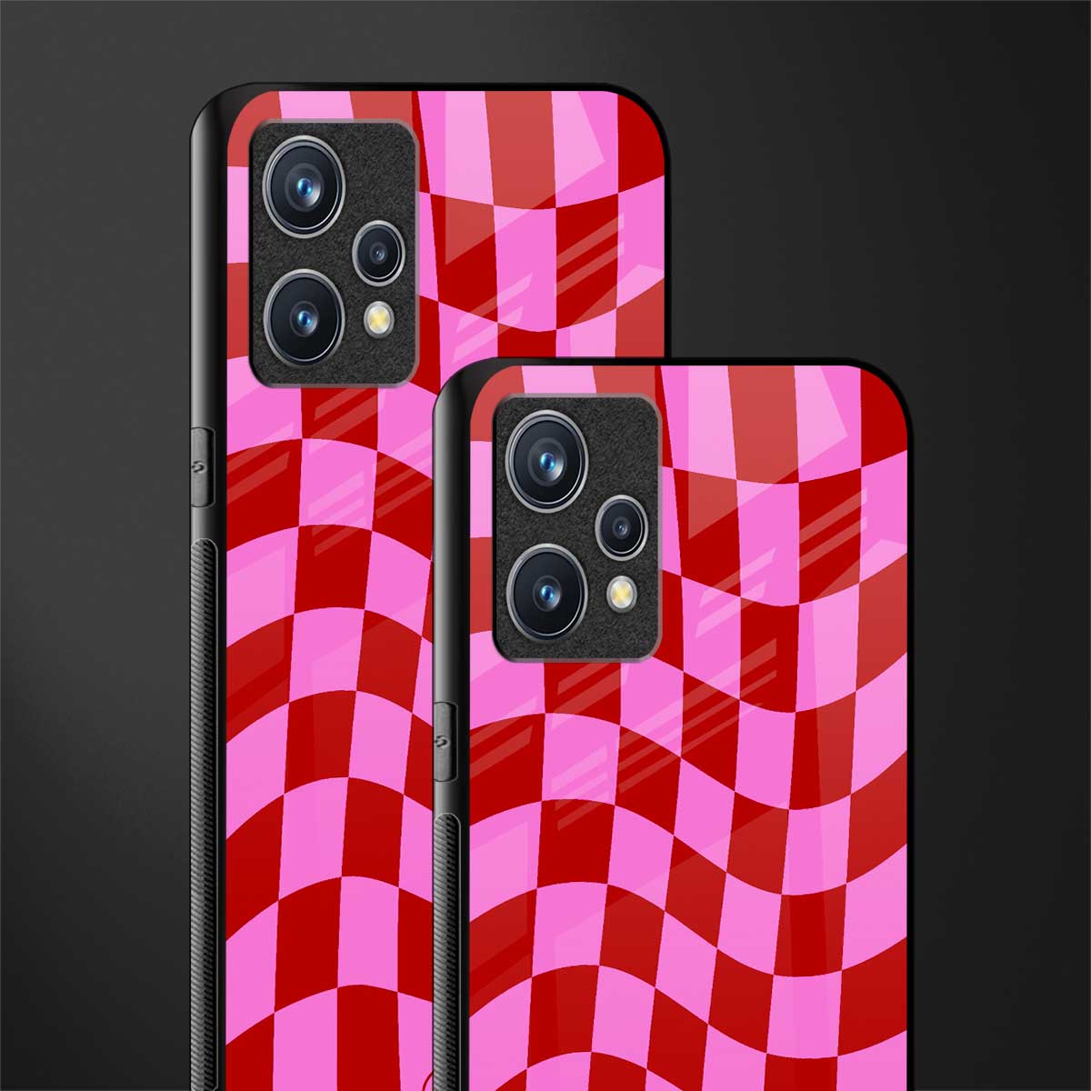 red pink trippy check pattern glass case for realme 9 4g image-2