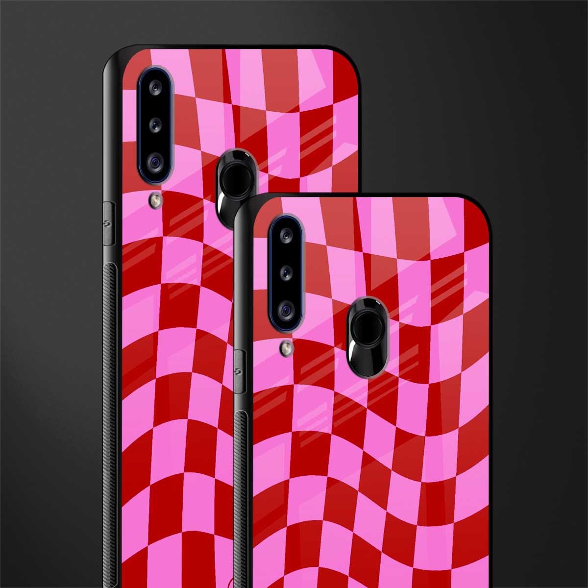 red pink trippy check pattern glass case for samsung galaxy a20s image-2