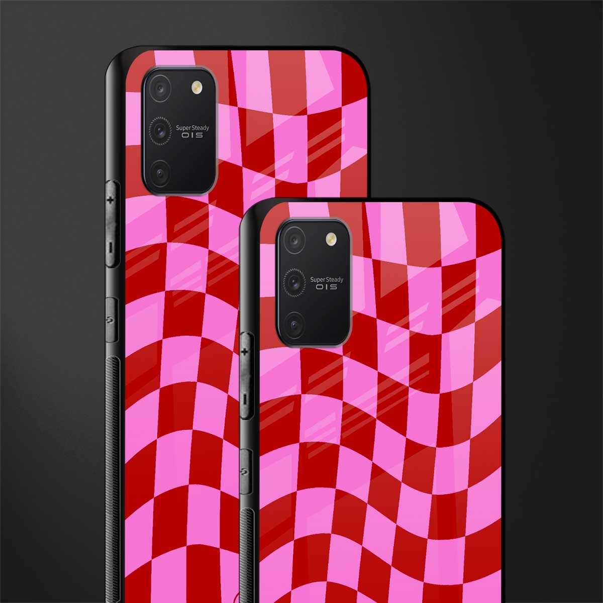 red pink trippy check pattern glass case for samsung galaxy a91 image-2