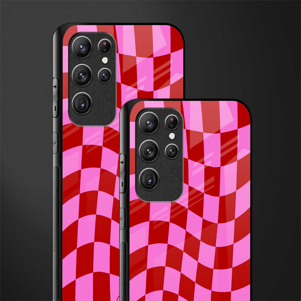 red pink trippy check pattern glass case for samsung galaxy s22 ultra 5g image-2