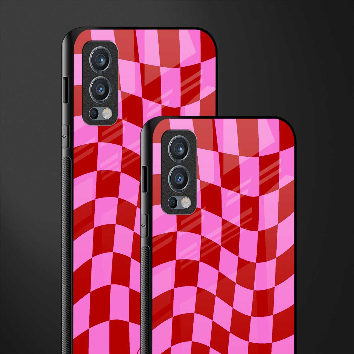 red pink trippy check pattern glass case for oneplus nord 2 5g image-2