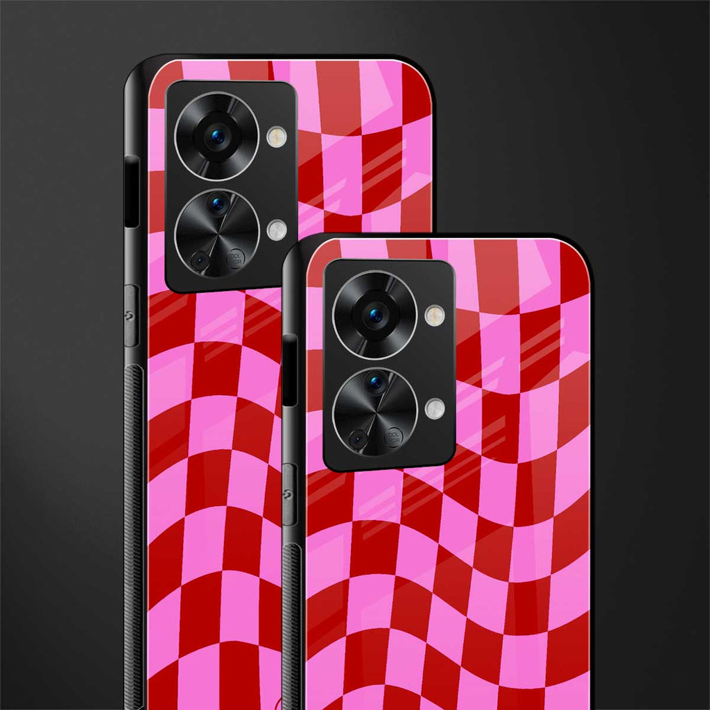 red pink trippy check pattern glass case for phone case | glass case for oneplus nord 2t 5g