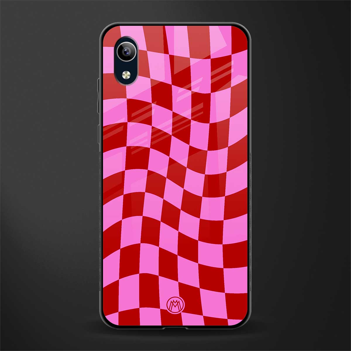 red pink trippy check pattern glass case for vivo y1s without fingerprint image