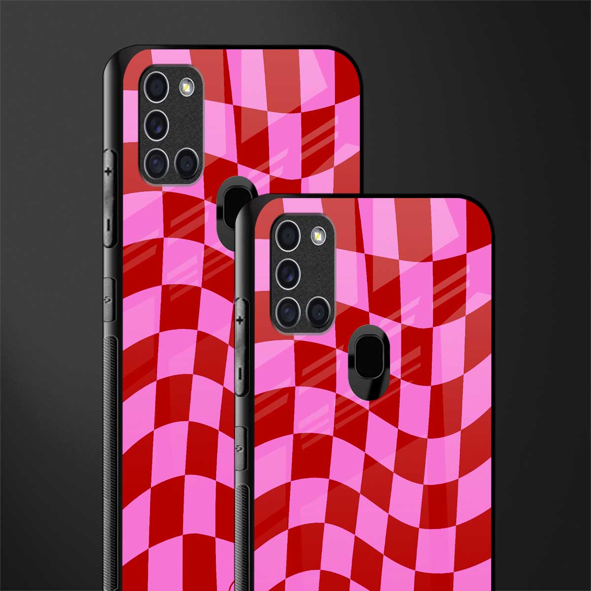 red pink trippy check pattern glass case for samsung galaxy a21s image-2