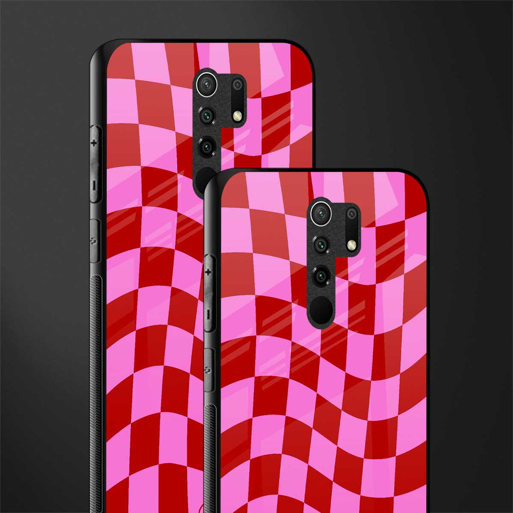 red pink trippy check pattern glass case for redmi 9 prime image-2