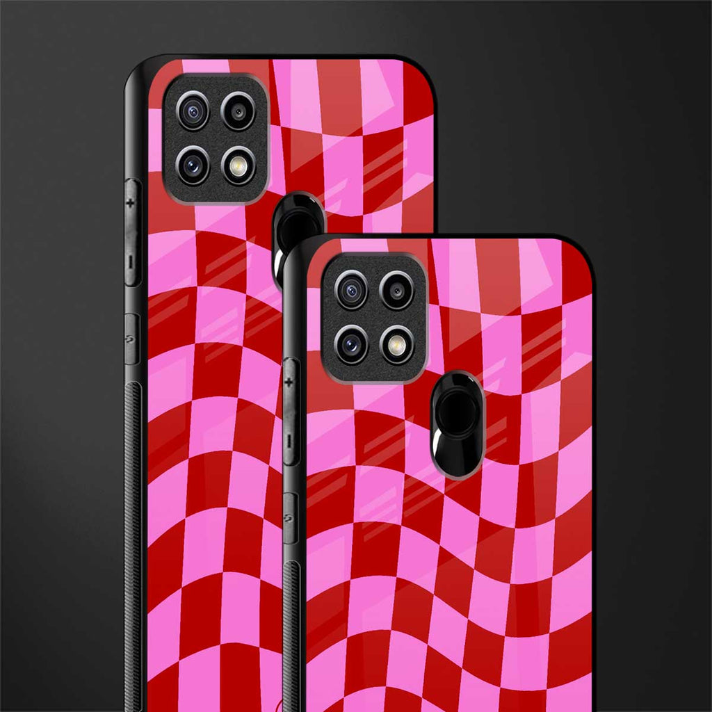 red pink trippy check pattern glass case for oppo a15s image-2