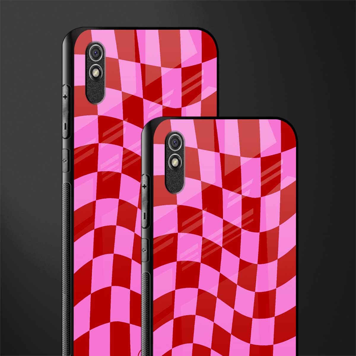 red pink trippy check pattern glass case for redmi 9i image-2