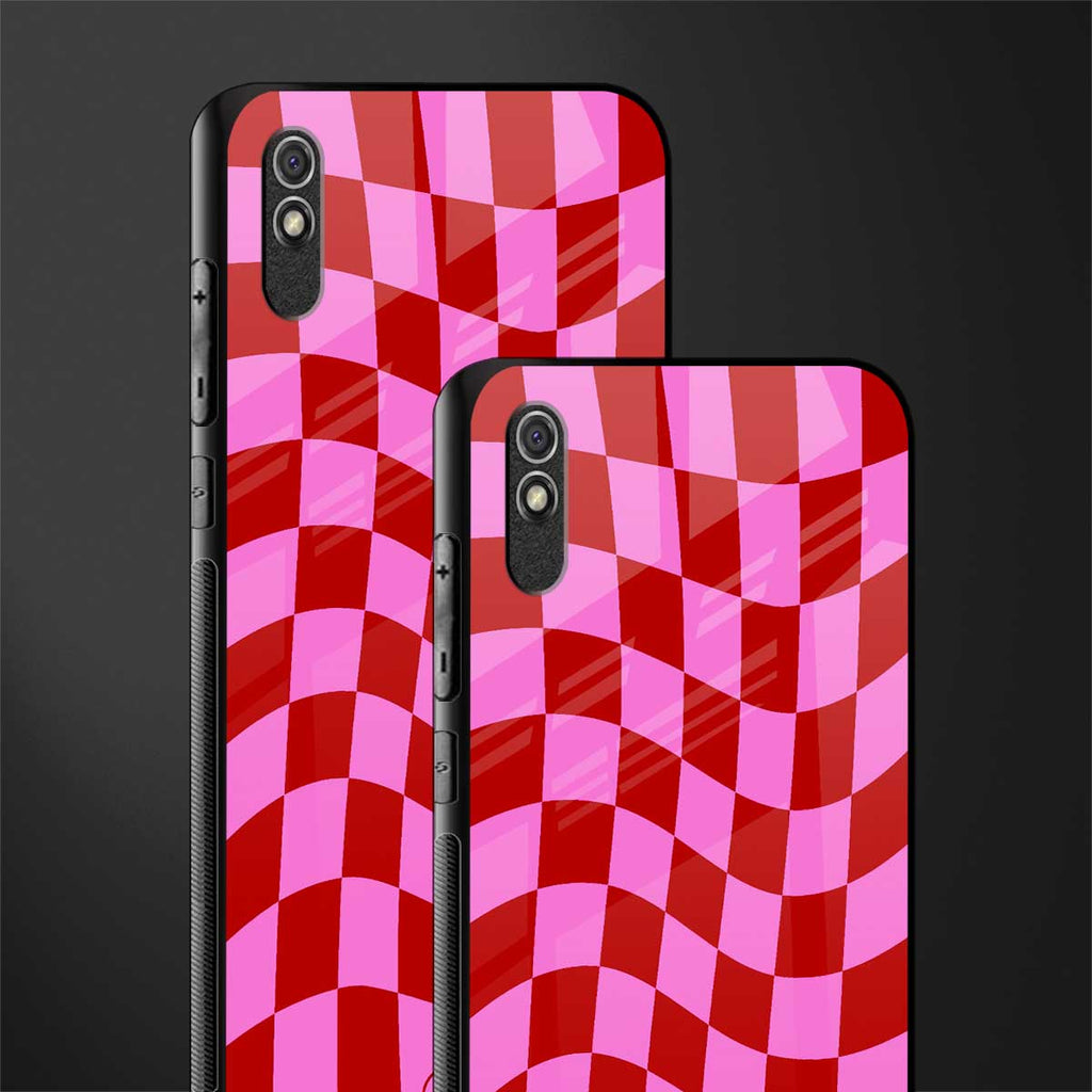 red pink trippy check pattern glass case for redmi 9a image-2