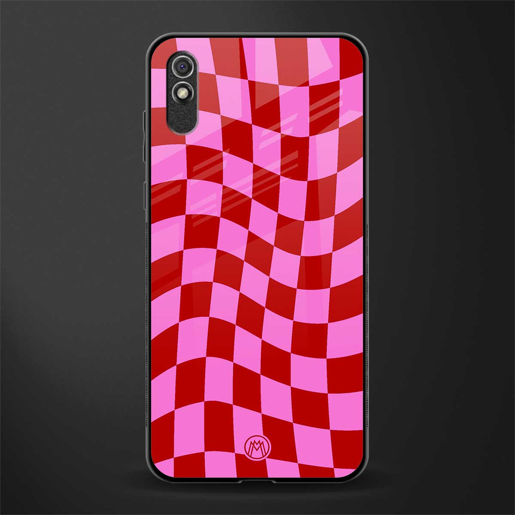 red pink trippy check pattern glass case for redmi 9i image