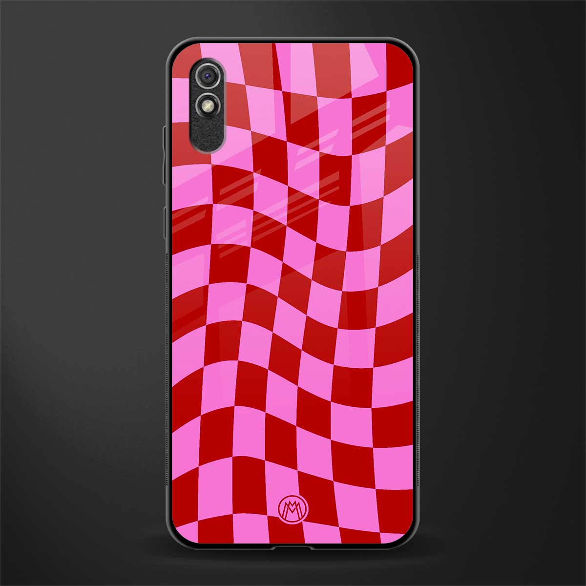 red pink trippy check pattern glass case for redmi 9i image
