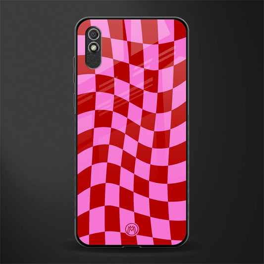 red pink trippy check pattern glass case for redmi 9i image
