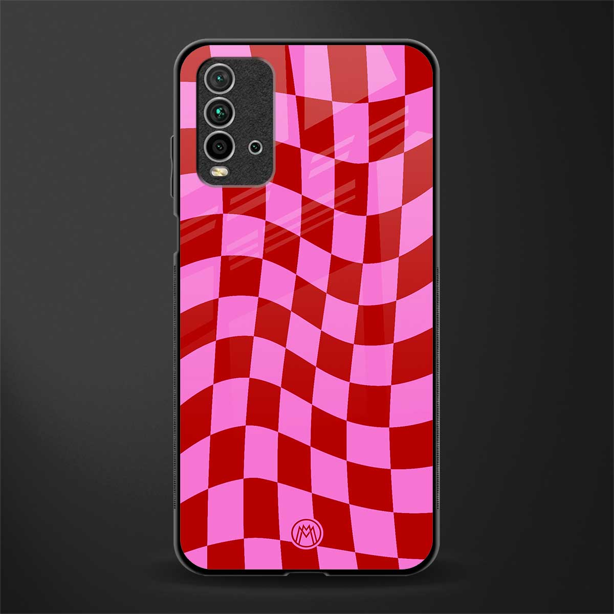 red pink trippy check pattern glass case for redmi 9 power image