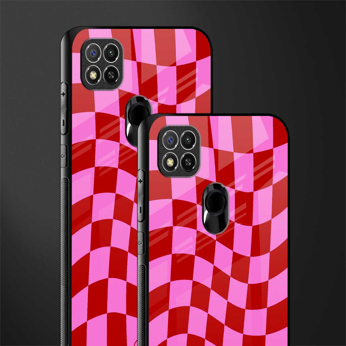 red pink trippy check pattern glass case for poco c31 image-2