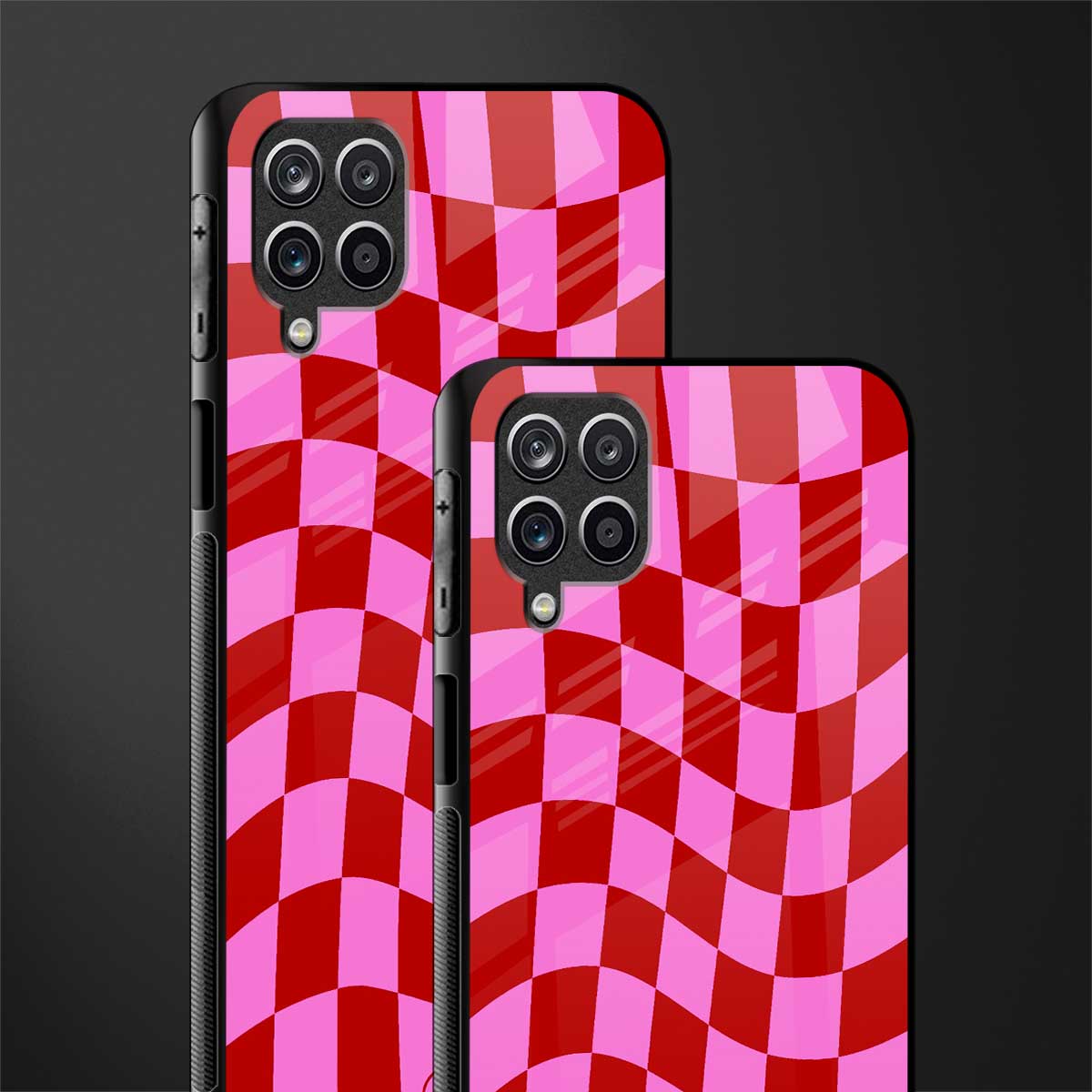 red pink trippy check pattern glass case for samsung galaxy a12 image-2