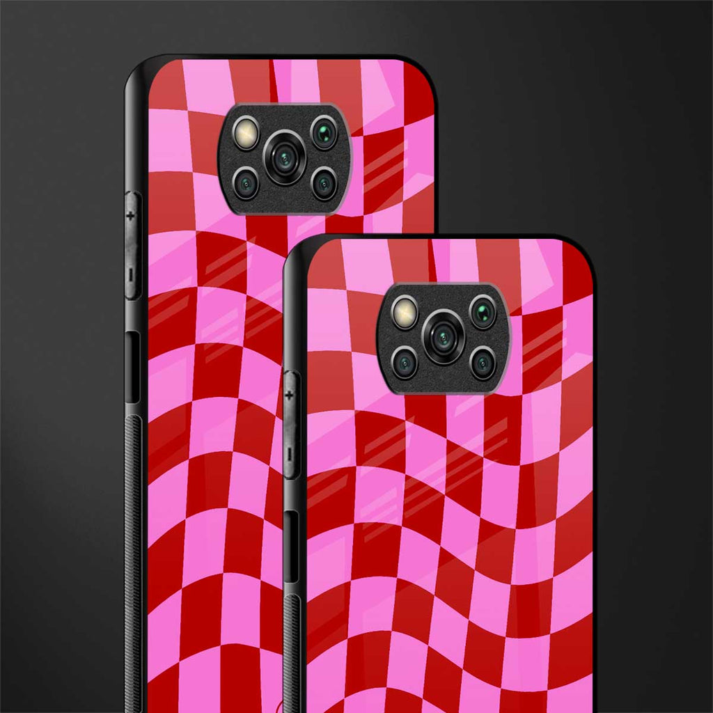 red pink trippy check pattern glass case for poco x3 image-2