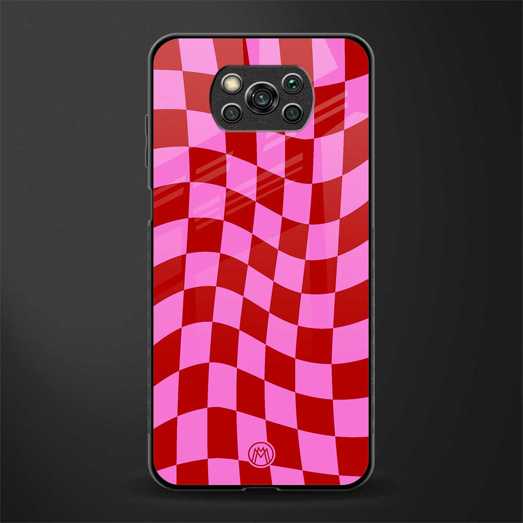 red pink trippy check pattern glass case for poco x3 image