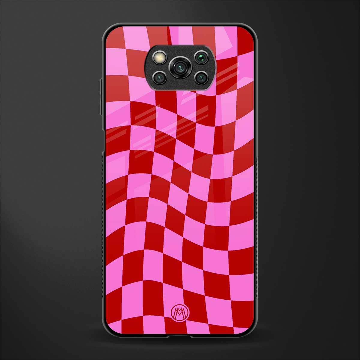 red pink trippy check pattern glass case for poco x3 image